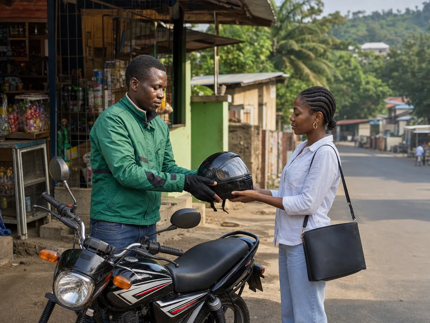 A MeRide rider handing a safety helmet to a passenger before pickup